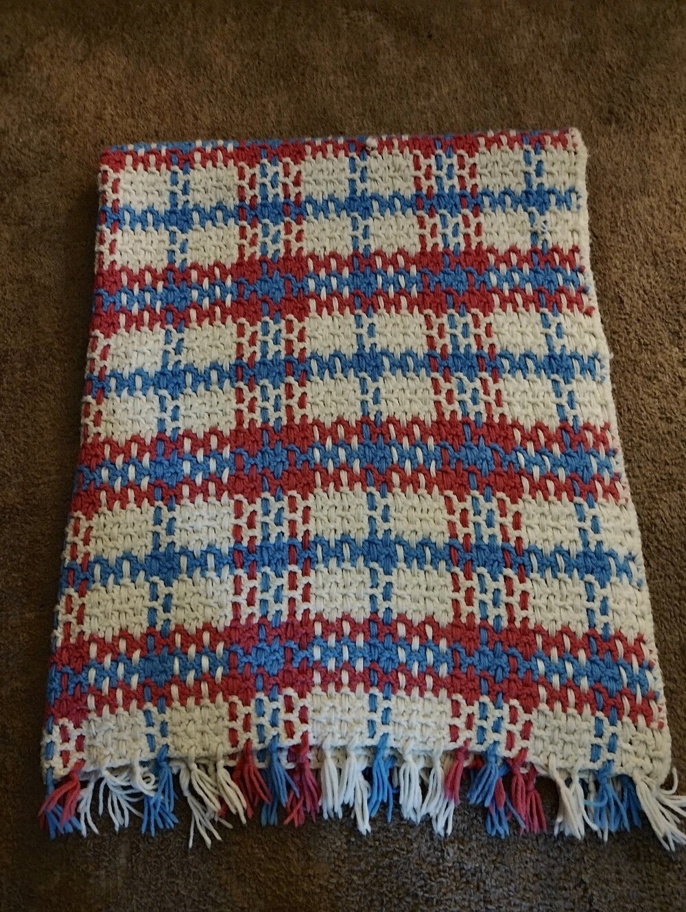 Handmade Crochet Throw in Red, White & Blue Plaid
